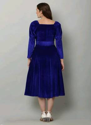 Pavonine royal blue color buttons closure with fit & flare calf length dress for women 2