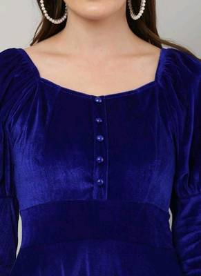 Pavonine royal blue color buttons closure with fit & flare calf length dress for women 3