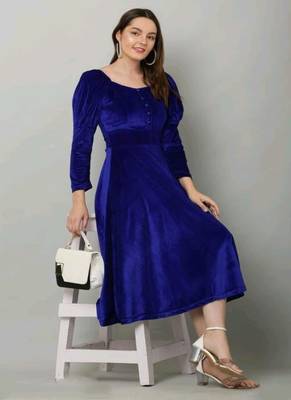 Pavonine royal blue color buttons closure with fit & flare calf length dress for women 4