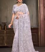 Designer Lavender Resham Sequence Work Net Party Wear Saree