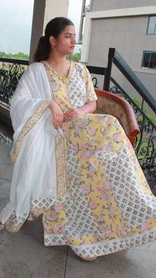 Handblock yellow printed cotton skirt dress with mulmul dupatta 1