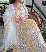 Handblock yellow printed cotton skirt dress with mulmul dupatta
