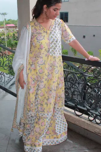 Handblock yellow printed cotton skirt dress with mulmul dupatta