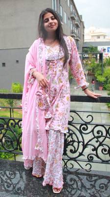 Pink handblock printed cotton sharara dress set with festive potali bag – house of handblock 1