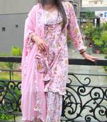 Pink handblock printed cotton sharara dress set with festive potali bag – house of handblock