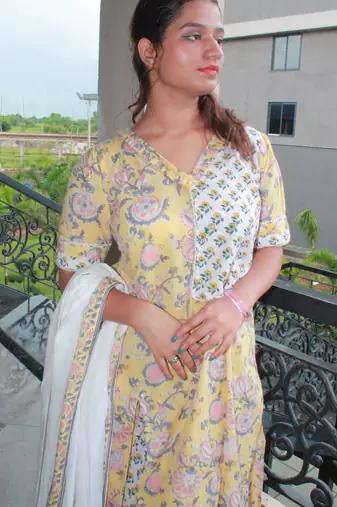 Handblock yellow printed cotton skirt dress with mulmul dupatta