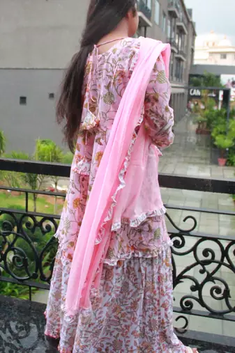 Pink handblock printed cotton sharara dress set with festive potali bag – house of handblock