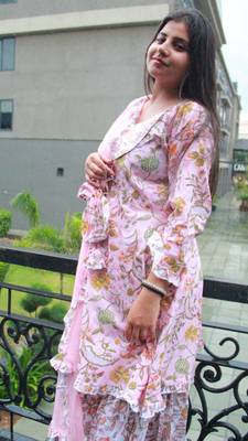 Pink handblock printed cotton sharara dress set with festive potali bag – house of handblock 3
