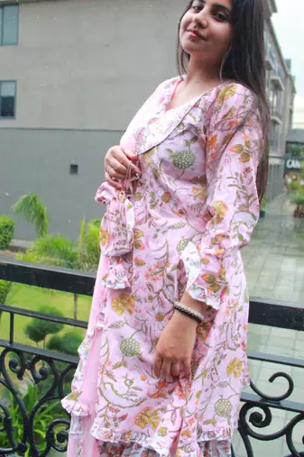 Pink handblock printed cotton sharara dress set with festive potali bag – house of handblock