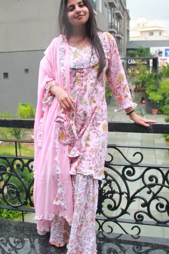 Pink handblock printed cotton sharara dress set with festive potali bag – house of handblock