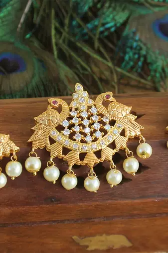 Designer matte finish cz peacock pendant set