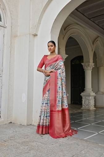 Blue Tussar Silk Printed Designer Border & Rich Pallu With Tussar Silk Blouse And Saree For Women 