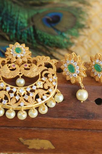 Designer matte finish cz peacock pendant set