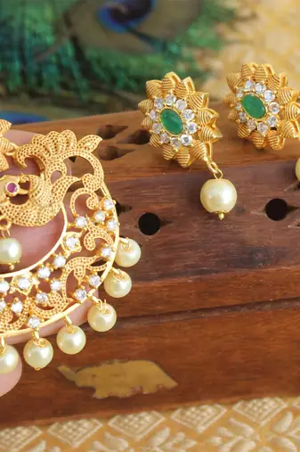 Designer matte finish cz peacock pendant set