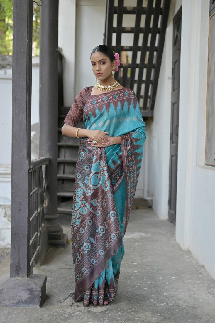 Firozi Tussar Silk Printed Pallu And Border Saree With Blouse For Women