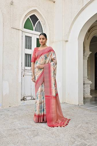 Firozi Tussar Silk Printed Designer Border & Rich Pallu With Tussar Silk Blouse And Saree For Women 