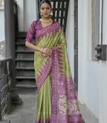 Mehendi Tussar Silk Printed Pallu And Border Saree With Blouse For Women