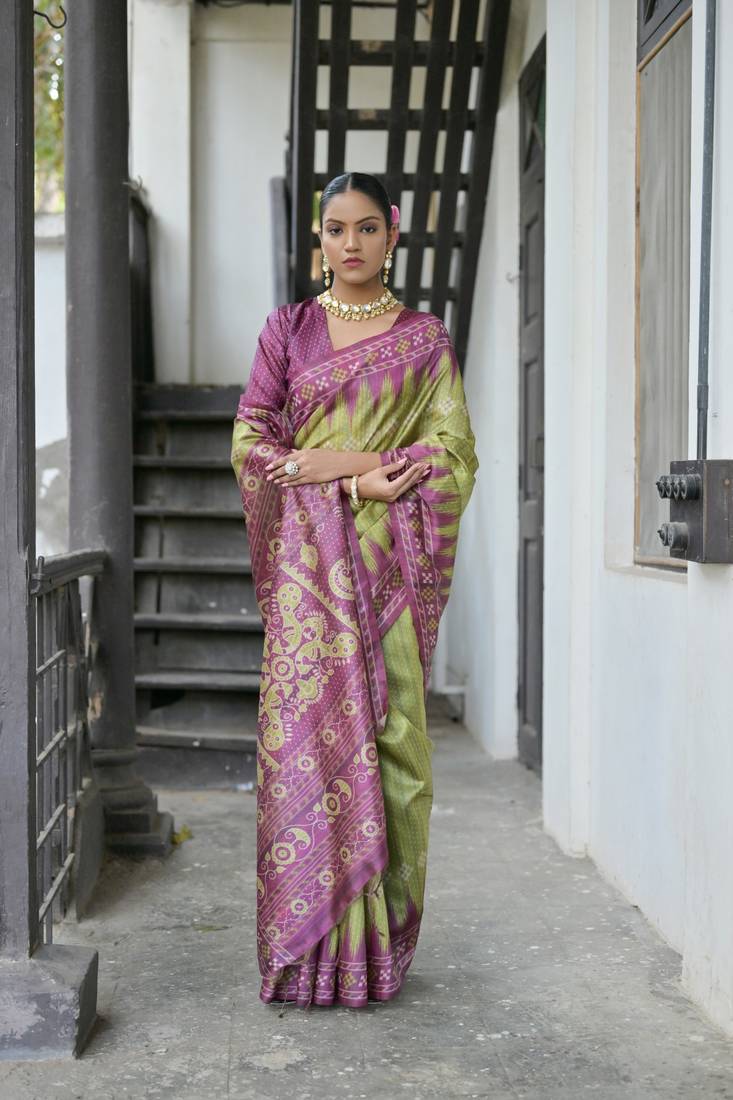 Mehendi Tussar Silk Printed Pallu And Border Saree With Blouse For Women