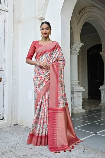 Peach Tussar Silk Printed Designer Border & Rich Pallu With Tussar Silk Blouse And Saree For Women 