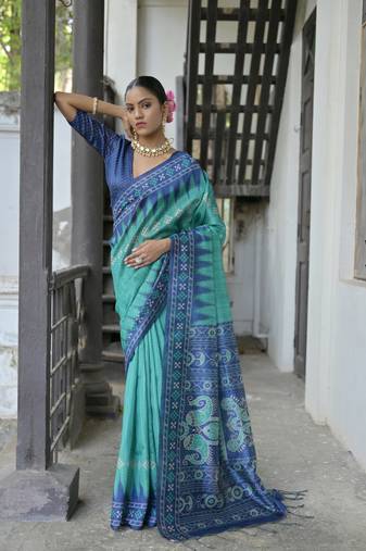 Rama Tussar Silk Printed Pallu And Border Saree With Blouse For Women