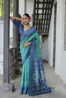Rama Tussar Silk Printed Pallu And Border Saree With Blouse For Women 1