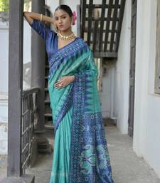 Rama Tussar Silk Printed Pallu And Border Saree With Blouse For Women
