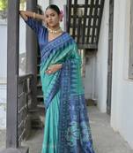 Rama Tussar Silk Printed Pallu And Border Saree With Blouse For Women