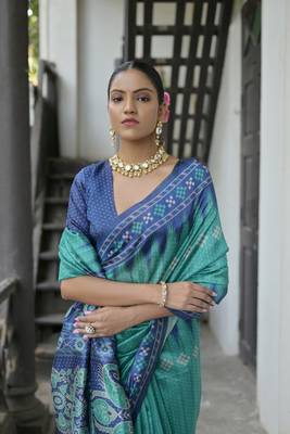 Rama Tussar Silk Printed Pallu And Border Saree With Blouse For Women 3