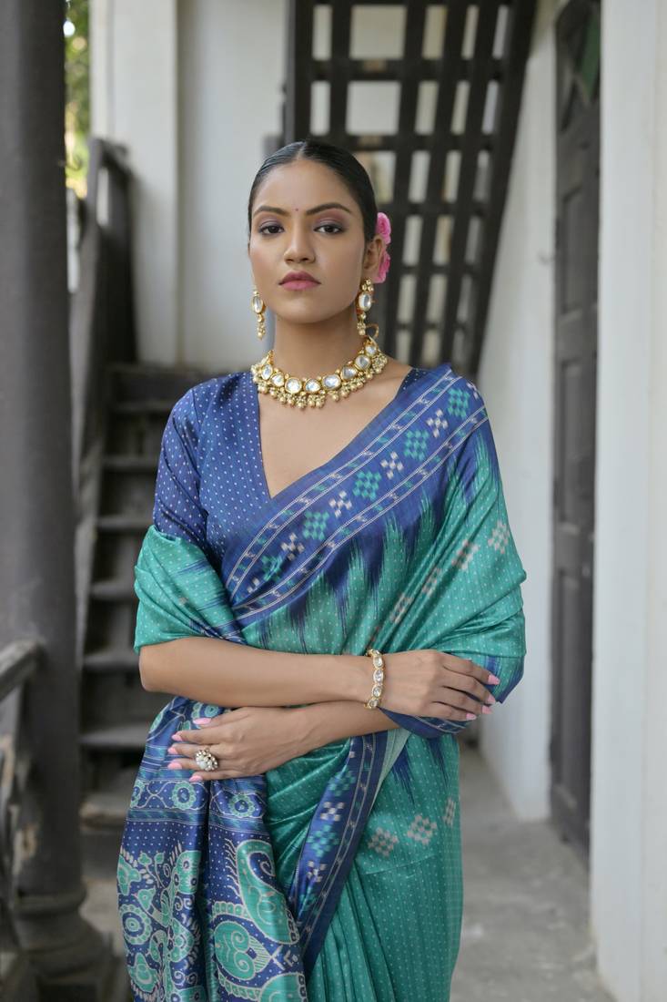 Rama Tussar Silk Printed Pallu And Border Saree With Blouse For Women