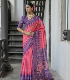 Rani Pink Tussar Silk Printed Pallu And Border Saree With Blouse For Women