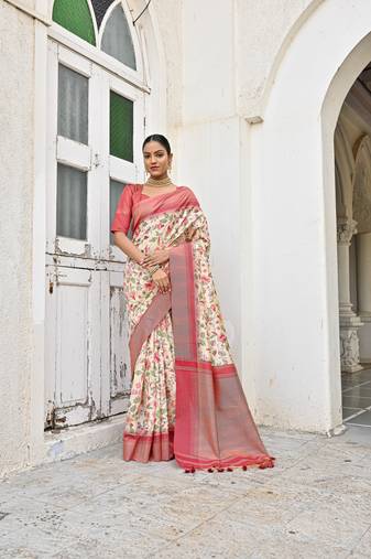 Yellow Tussar Silk Printed Designer Border & Rich Pallu With Tussar Silk Blouse And Saree For Women 