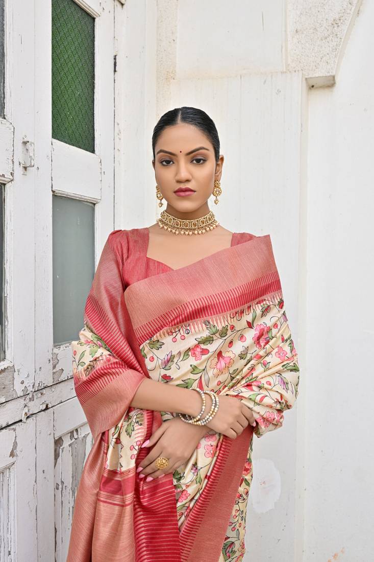 Yellow Tussar Silk Printed Designer Border & Rich Pallu With Tussar Silk Blouse And Saree For Women 