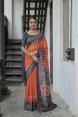 Red Tussar Silk Printed Pallu And Border Saree With Blouse For Women 1