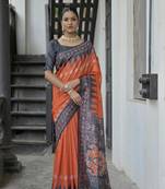 Red Tussar Silk Printed Pallu And Border Saree With Blouse For Women