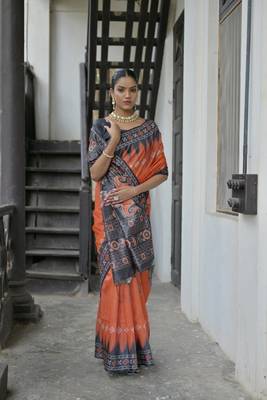 Red Tussar Silk Printed Pallu And Border Saree With Blouse For Women 2