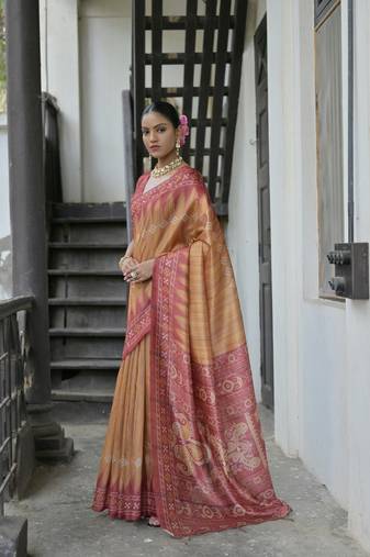 Yellow Tussar Silk Printed Pallu And Border Saree With Blouse For Women