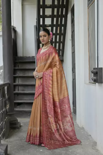 Yellow Tussar Silk Printed Pallu And Border Saree With Blouse For Women
