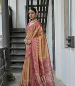 Yellow Tussar Silk Printed Pallu And Border Saree With Blouse For Women