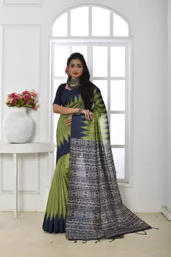 Parrot Green Tussar Silk Printed Designer Border & Rich Pallu With Tussar Silk Blouse And Saree For Women 