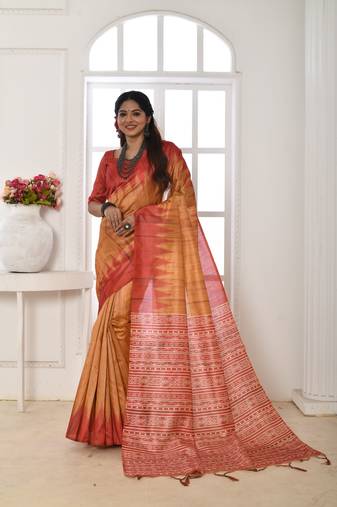 Orange Tussar Silk Printed Designer Border & Rich Pallu With Tussar Silk Blouse And Saree For Women 