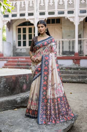 Tussar Silk Floral Printed Pallu And Border Saree With Blouse For Women
