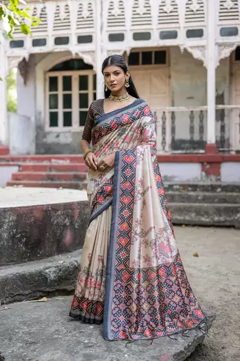 Tussar Silk Floral Printed Pallu And Border Saree With Blouse For Women