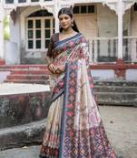 Tussar Silk Floral Printed Pallu And Border Saree With Blouse For Women
