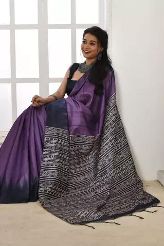 Purple Tussar Silk Printed Designer Border & Rich Pallu With Tussar Silk Blouse And Saree For Women 