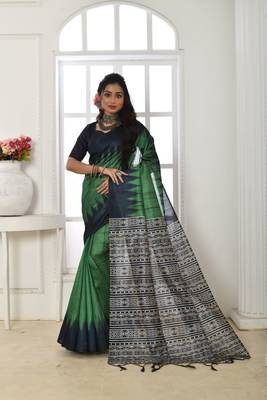 Green Tussar Silk Printed Designer Border & Rich Pallu With Tussar Silk Blouse And Saree For Women  1