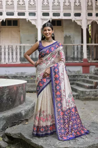 Blue Tussar Silk Floral Printed Pallu And Border Saree With Blouse For Women