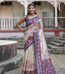 Blue Tussar Silk Floral Printed Pallu And Border Saree With Blouse For Women