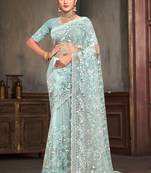 Sky Blue Resham sequin Embroidery Work Net Saree