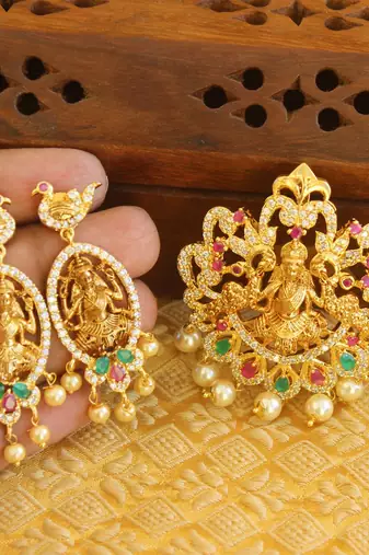 Designer gold plated cz temple pendant set