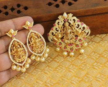 Designer gold plated cz temple pendant set 2